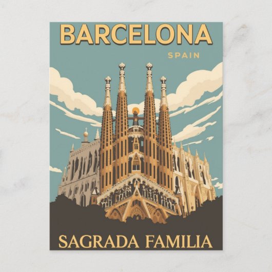 Barcelona Sagrada Familia Vintage Travel Art ポストカード (正面)