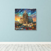 Barcelona Sagrada Sunset Cityscape Canvas キャンバスプリント (インサイチュ (ウッドフロア))