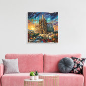 Barcelona Sagrada Sunset Cityscape Canvas キャンバスプリント (インサイチュ (リビング))