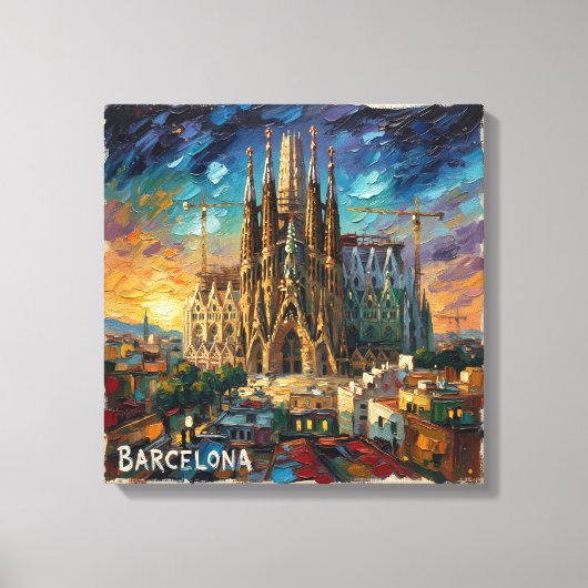 Barcelona Sagrada Sunset Cityscape Canvas キャンバスプリント (正面)