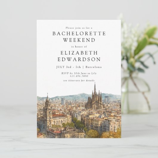 Barcelona Skyline Watercolor Bachelorette Weekend 招待状 (スタンド正面)