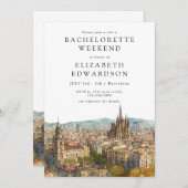 Barcelona Skyline Watercolor Bachelorette Weekend 招待状 (正面/裏面)