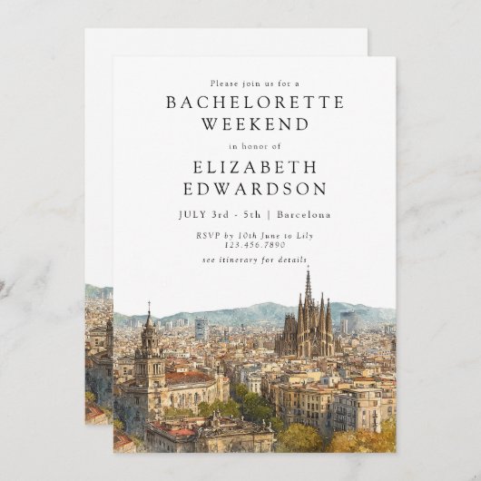 Barcelona Skyline Watercolor Bachelorette Weekend 招待状 (正面/裏面)