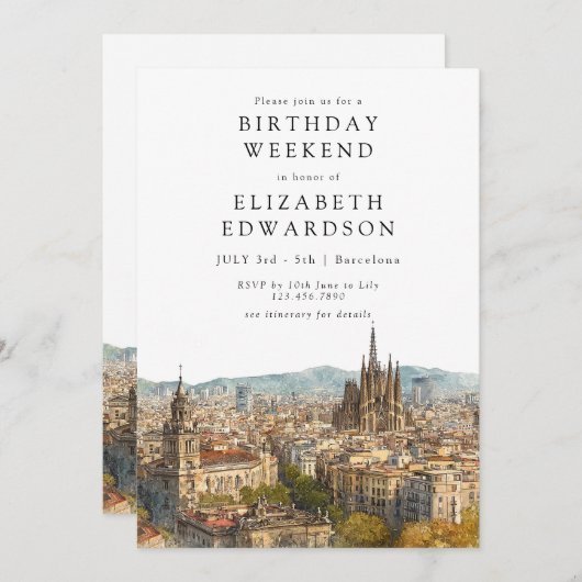 Barcelona Skyline Watercolor Birthday Weekend 招待状 (正面/裏面)