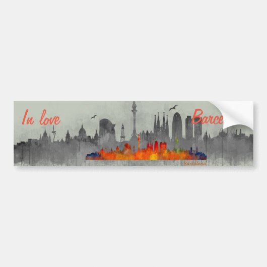 Barcelona Skyline watercolor in love バンパーステッカー (正面)