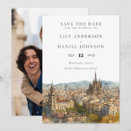 Barcelona Skyline Watercolor Photo Wedding セーブザデート