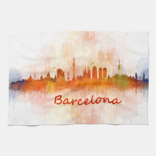 Barcelona Skyline watercolor v04 キッチンタオル (横)