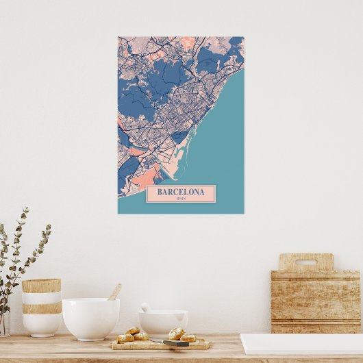 Barcelona - Spain Breezy City Map  ポスター (キッチン)