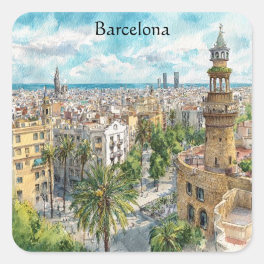 Barcelona Spain Catalonia City VIew Oil Paint スクエアシール (正面)