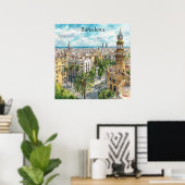 Barcelona Spain Catalonia City VIew Oil Paint ポスター (ホームオフィス)