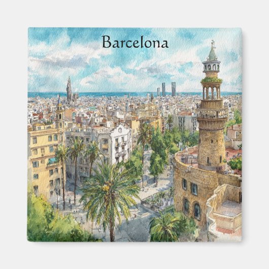 Barcelona Spain Catalonia City VIew Oil Paint マグネット (正面)