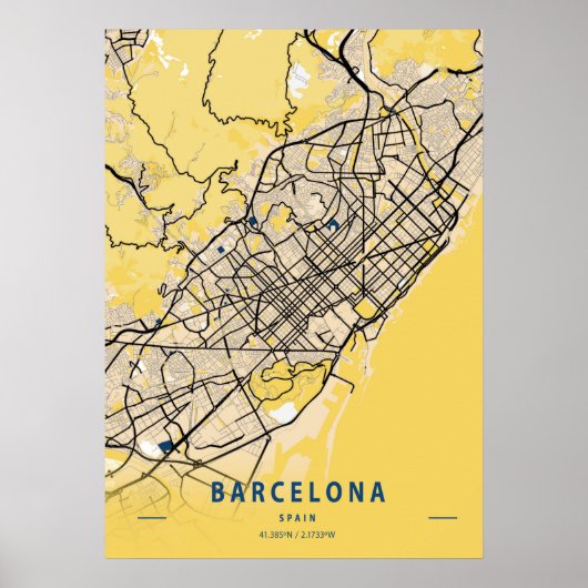 Barcelona - Spain Yellow City Map ポスター (正面)