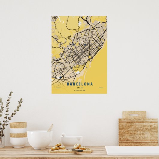 Barcelona - Spain Yellow City Map ポスター (キッチン)