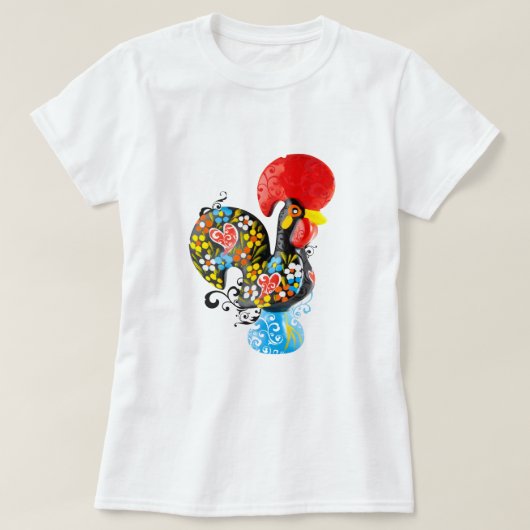Barcelos Nr 06の有名なオンドリ-花の版 Tシャツ (デザイン正面)