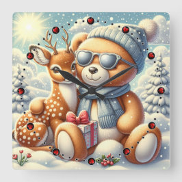 Bärchen Rehkitz Weihnachten Christmas スクエア壁時計