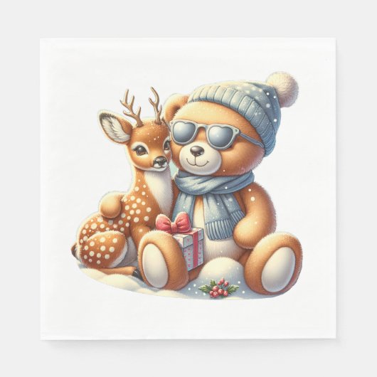 Bärchen und sein Rehkitz im Schnee スタンダードランチョンナプキン (正面)