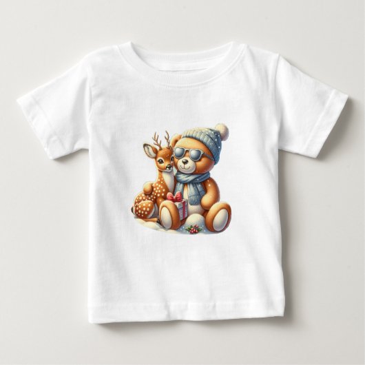 Bärchen und sein Rehkitz im Schnee ベビーTシャツ (正面)