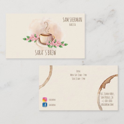 baristaのモダンな水彩画のコーヒー・マグによってはカフェが開花します 名刺 (正面/裏面)