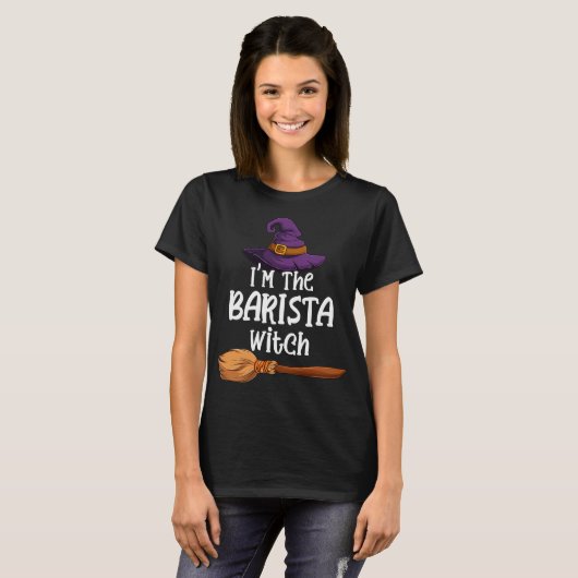 Barista Witch Funny Halloween Costume Hat & Broom Tシャツ (正面フル)