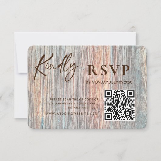 Barn Boho Rustic Wood Slice RSVP Card with QR Code (正面)