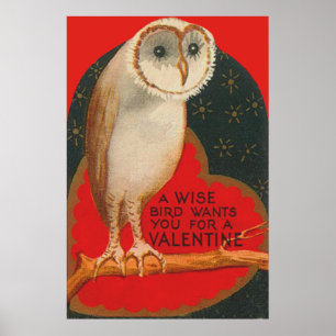 Barn Owl Heart Tree Stars Valentine ポスター