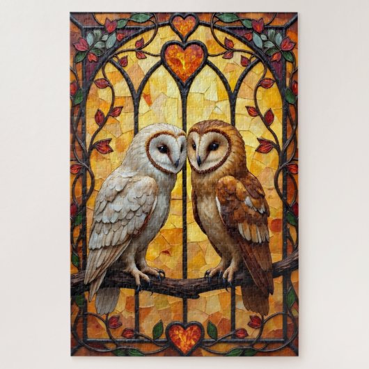 Barn Owls Heart-Faced Stained Glass Embrace ジグソーパズル (縦)