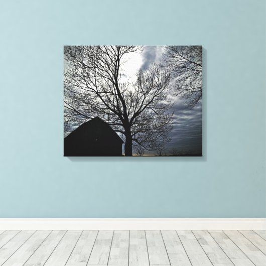 Barn w/Sky & Bare Trees Canvas Black & White Photo キャンバスプリント (インサイチュ (ウッドフロア))