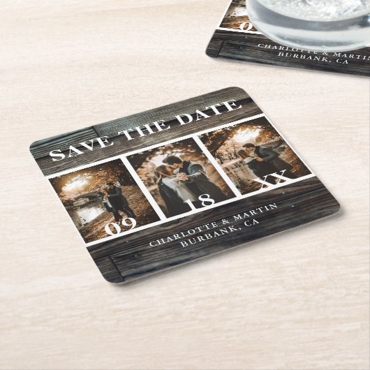 Barn Wood素朴の結婚写真Save The Date スクエアペーパーコースター (アングル)