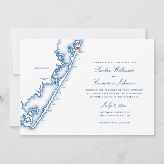 Barnegat Light NJ Map Elegant Navy Blue Wedding 招待状 (正面)
