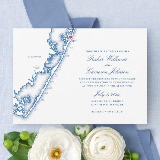 Barnegat Light NJ Map Elegant Navy Blue Wedding 招待状