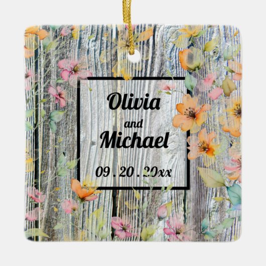 Barnwoodスクリプト植物水色の花 セラミックオーナメント (正面)