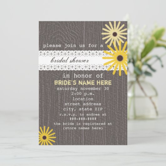 Barnwood及びレースの刺激を受けたな野生の花のブライダルシャワー 招待状 (スタンド正面)