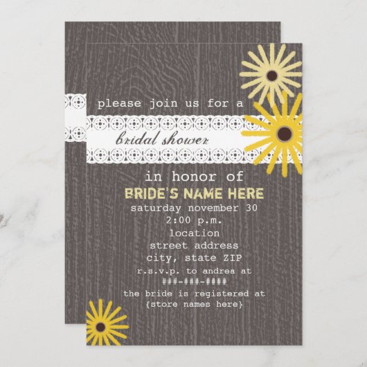 Barnwood及びレースの刺激を受けたな野生の花のブライダルシャワー 招待状 (正面/裏面)