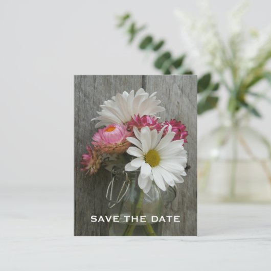 Barnwood、デイジー、およびStrawflowers日付を保存 案内ポストカード (スタンド正面)