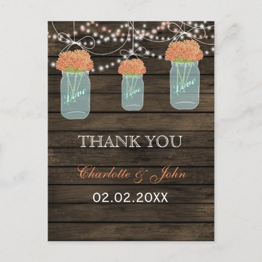 Barnwood coral flowers mason jars Thank You notes ポストカード (正面)