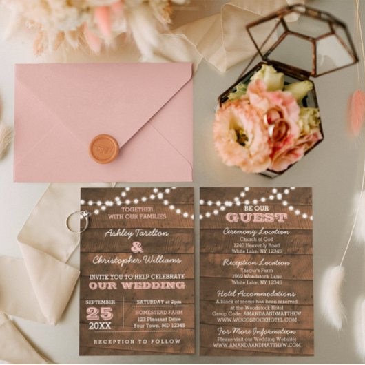 Barnwood Lightsピンク結婚の情報カード エンクロージャーカード