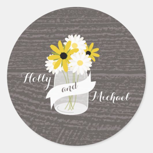 Barnwood + Mason Jar Wildflowers 結婚's Sticker ラウンドシール (正面)