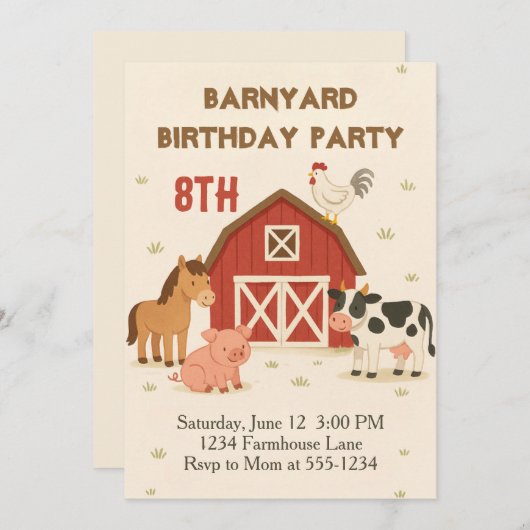 Barnyard Animal Birthday 招待状 (正面/裏面)