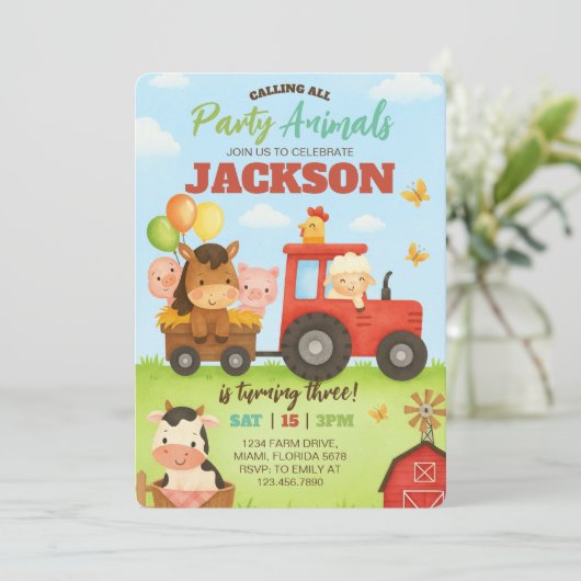 Barnyard Animals Ranch Kids Birthday 招待状 (スタンド正面)