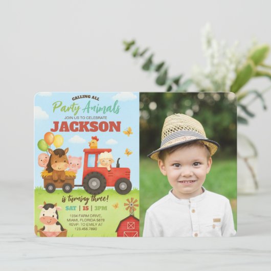Barnyard Animals Ranch Kids Birthday Photo 招待状 (スタンド正面)
