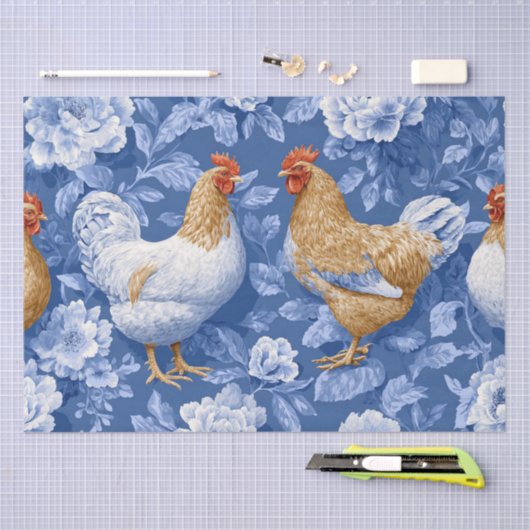 Barnyard Chickens and Botanical Pattern  薄葉紙 (クラフト)
