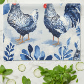 Barnyard Chickens and Botanical Pattern Design キッチンタオル (折り畳み)
