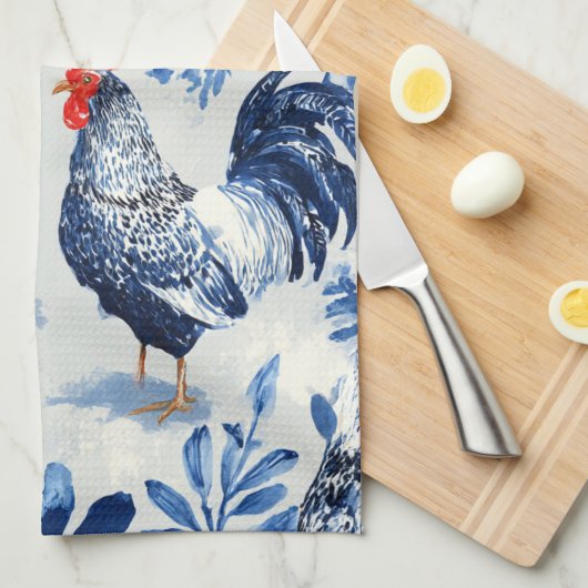 Barnyard Chickens and Botanical Pattern Design キッチンタオル (四つ折り)