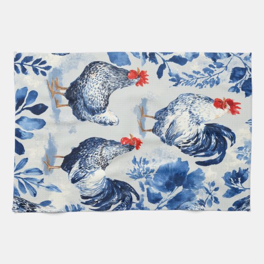 Barnyard Chickens and Botanical Pattern Design キッチンタオル (横)