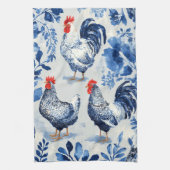 Barnyard Chickens and Botanical Pattern Design キッチンタオル (縦)