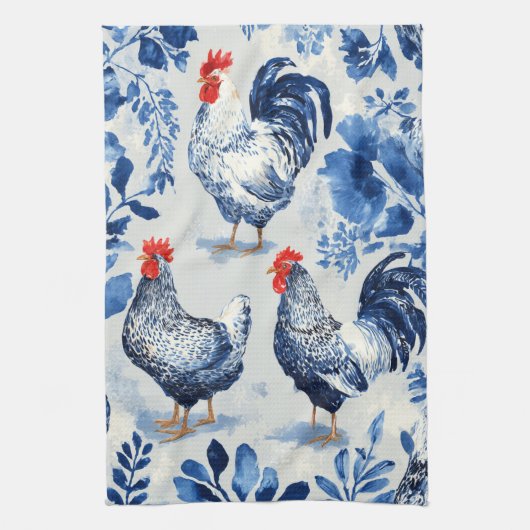 Barnyard Chickens and Botanical Pattern Design キッチンタオル (縦)
