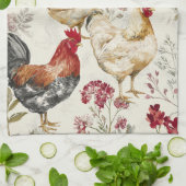 Barnyard Chickens and Botanical Pattern Design キッチンタオル (折り畳み)