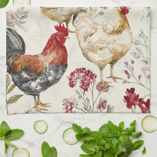 Barnyard Chickens and Botanical Pattern Design キッチンタオル (折り畳み)