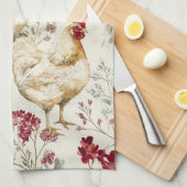 Barnyard Chickens and Botanical Pattern Design キッチンタオル (四つ折り)