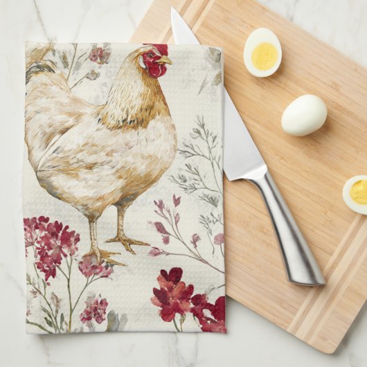 Barnyard Chickens and Botanical Pattern Design キッチンタオル (四つ折り)